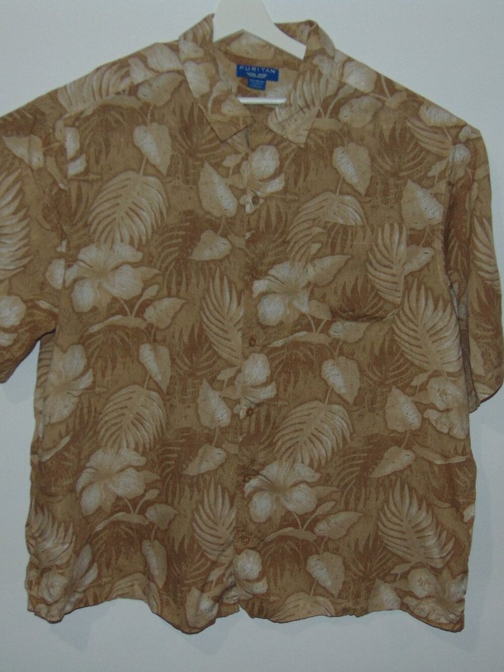Puritan Shirt Men's 2XL 50-52 Short Sleeve Button Up Rayon Beige Floral